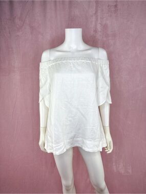 Cuyana Womens White Linen Blouse Top Short Sleeve Size XS Off The Shoulder